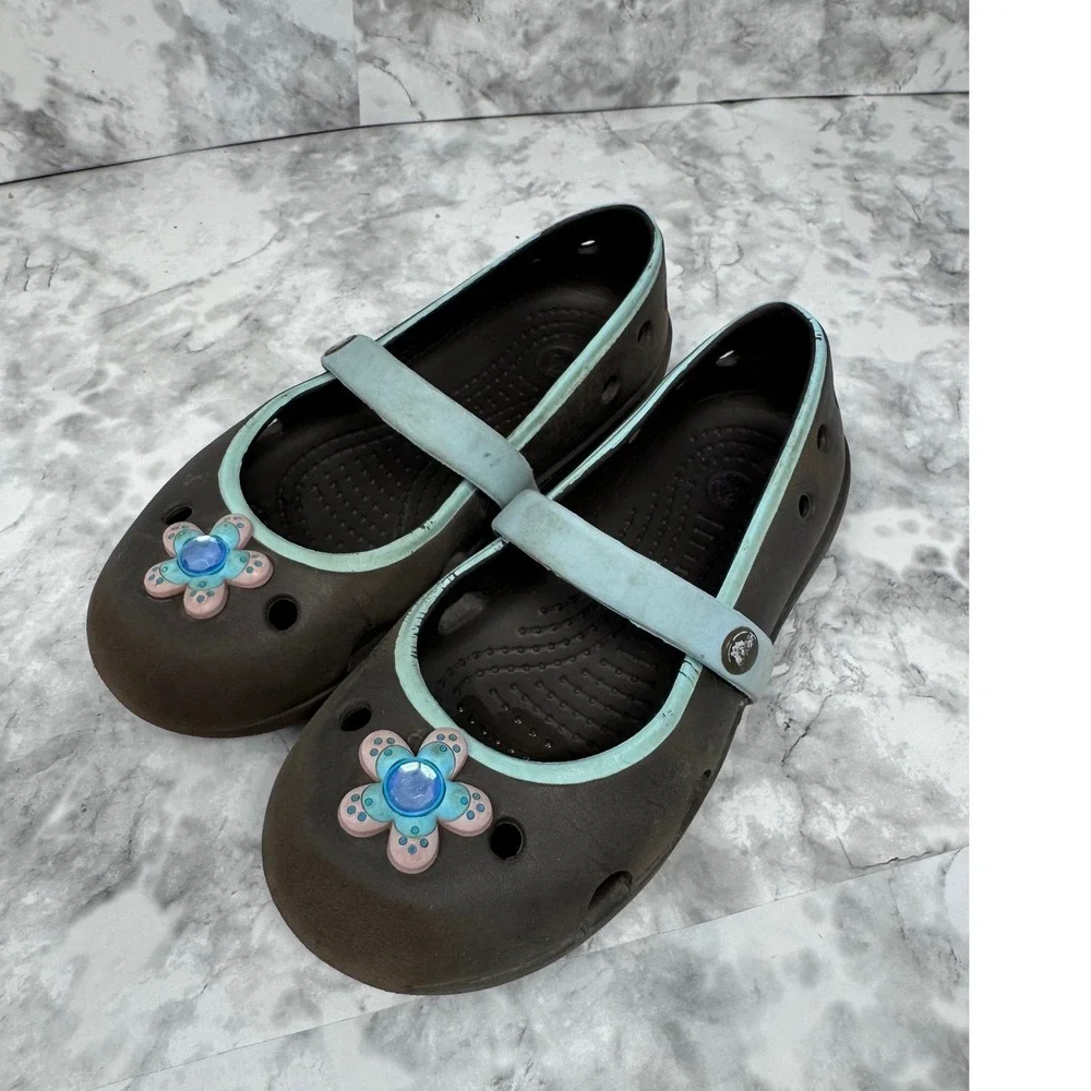 Crocs Mary Jane 💙Brown Blue‎ Flower Jibbitz Girls Youth Size 12 Clog Shoes